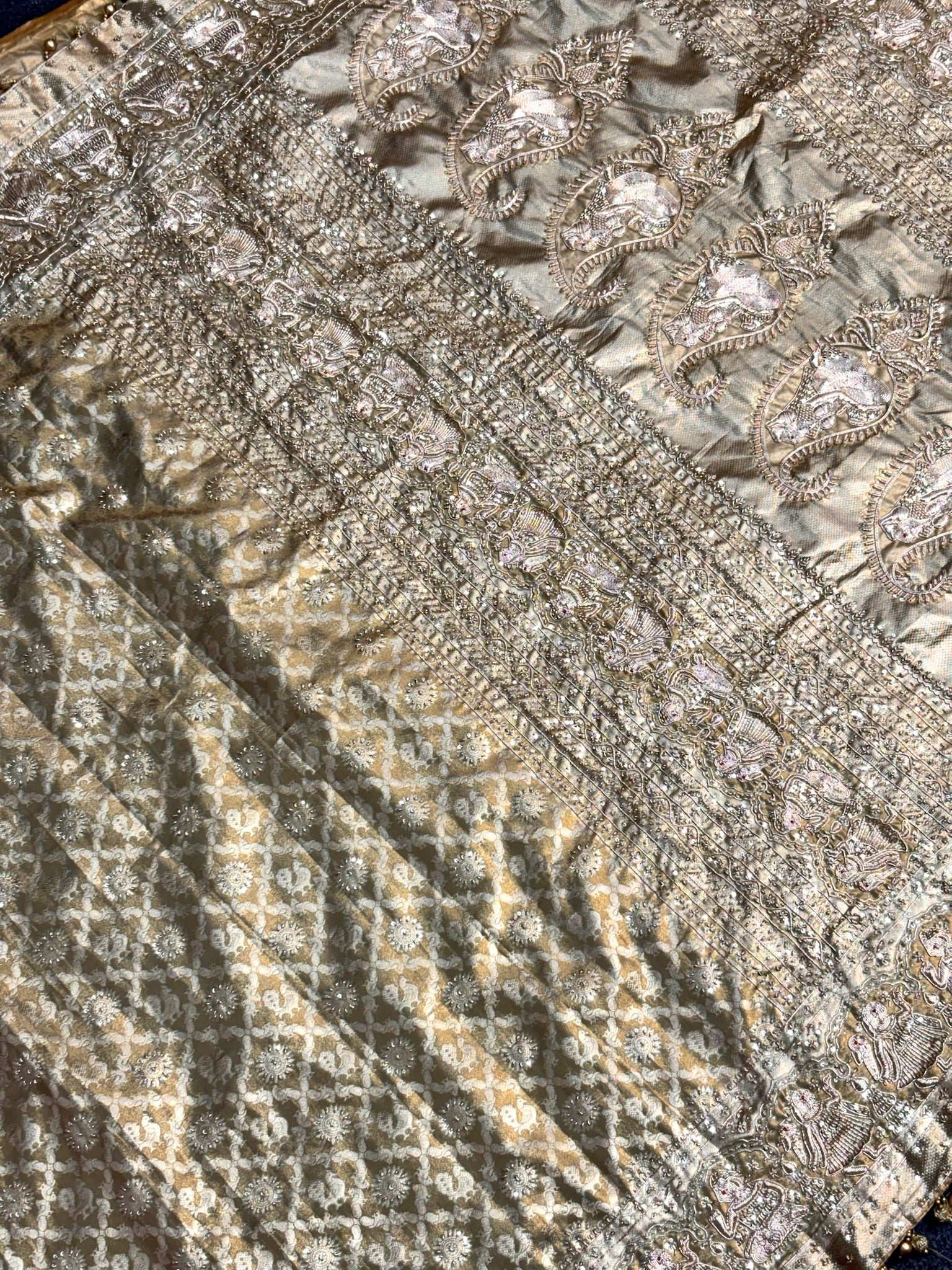 VIRASAT 380: Sand Gold Kanjivaram Silk Saree with Mehreen Zardozi Work &amp; Pearl Border (Silk Mark Certified)