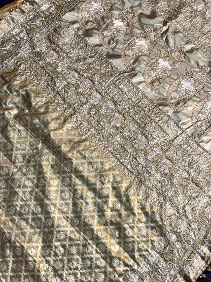 VIRASAT 380: Sand Gold Kanjivaram Silk Saree with Mehreen Zardozi Work &amp; Pearl Border (Silk Mark Certified)