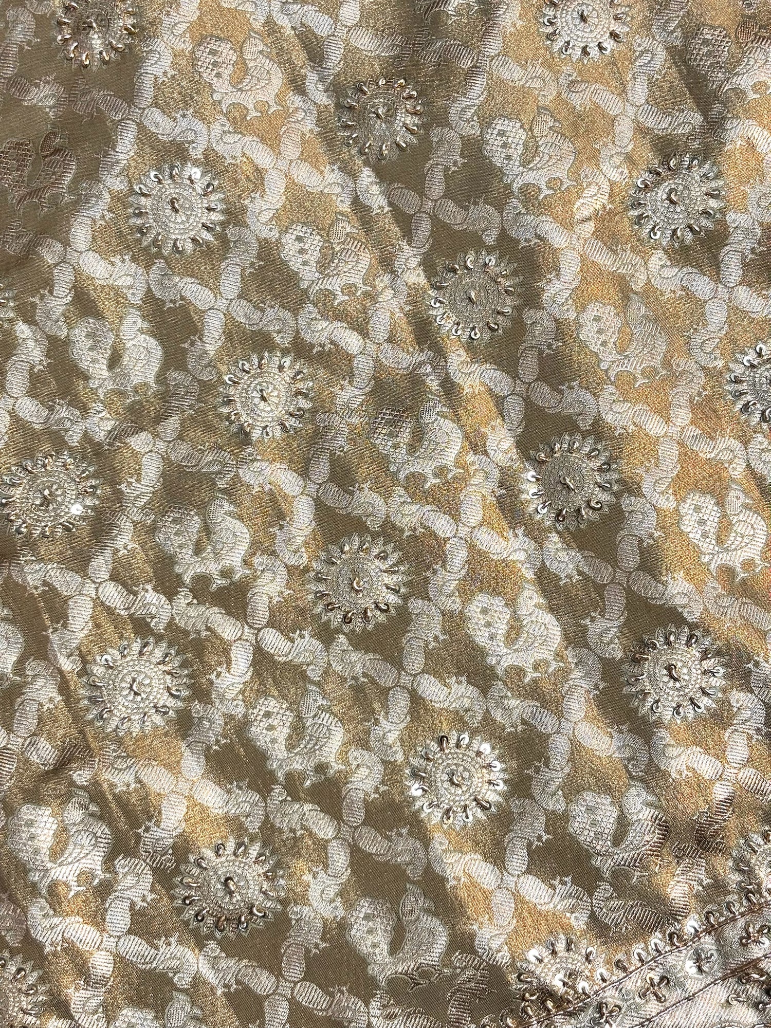 VIRASAT 380: Sand Gold Kanjivaram Silk Saree with Mehreen Zardozi Work &amp; Pearl Border (Silk Mark Certified)