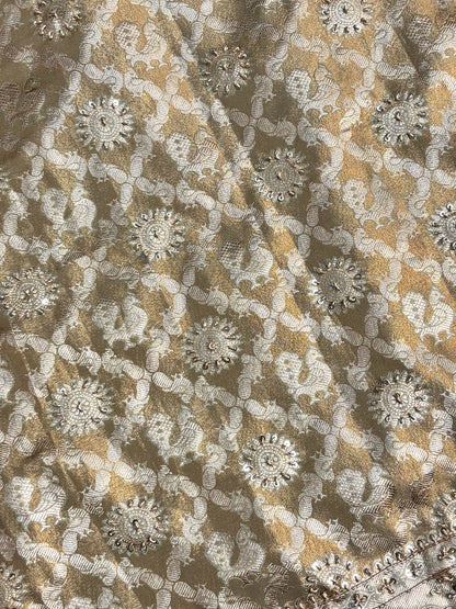 VIRASAT 380: Sand Gold Kanjivaram Silk Saree with Mehreen Zardozi Work &amp; Pearl Border (Silk Mark Certified)