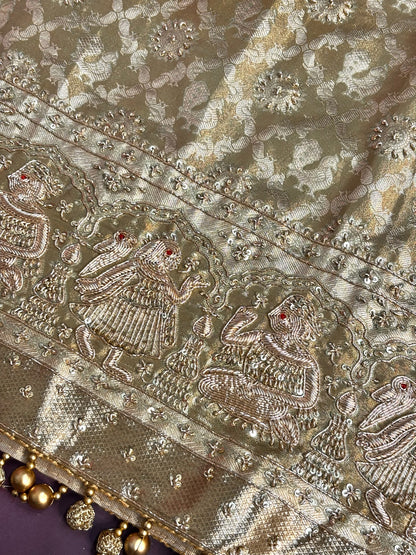 VIRASAT 380: Sand Gold Kanjivaram Silk Saree with Mehreen Zardozi Work &amp; Pearl Border (Silk Mark Certified)