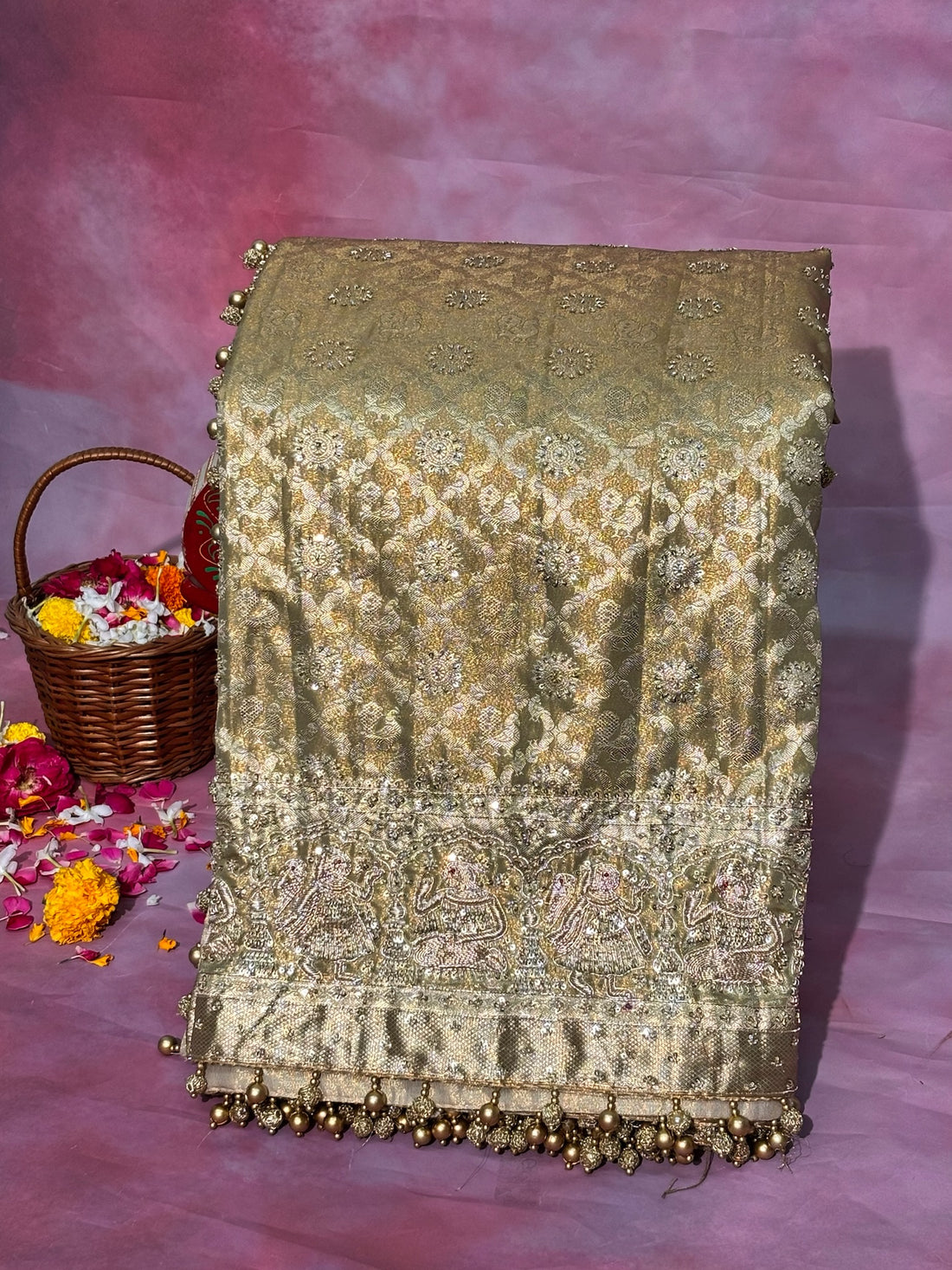 VIRASAT 380: Sand Gold Kanjivaram Silk Saree with Mehreen Zardozi Work &amp; Pearl Border (Silk Mark Certified)