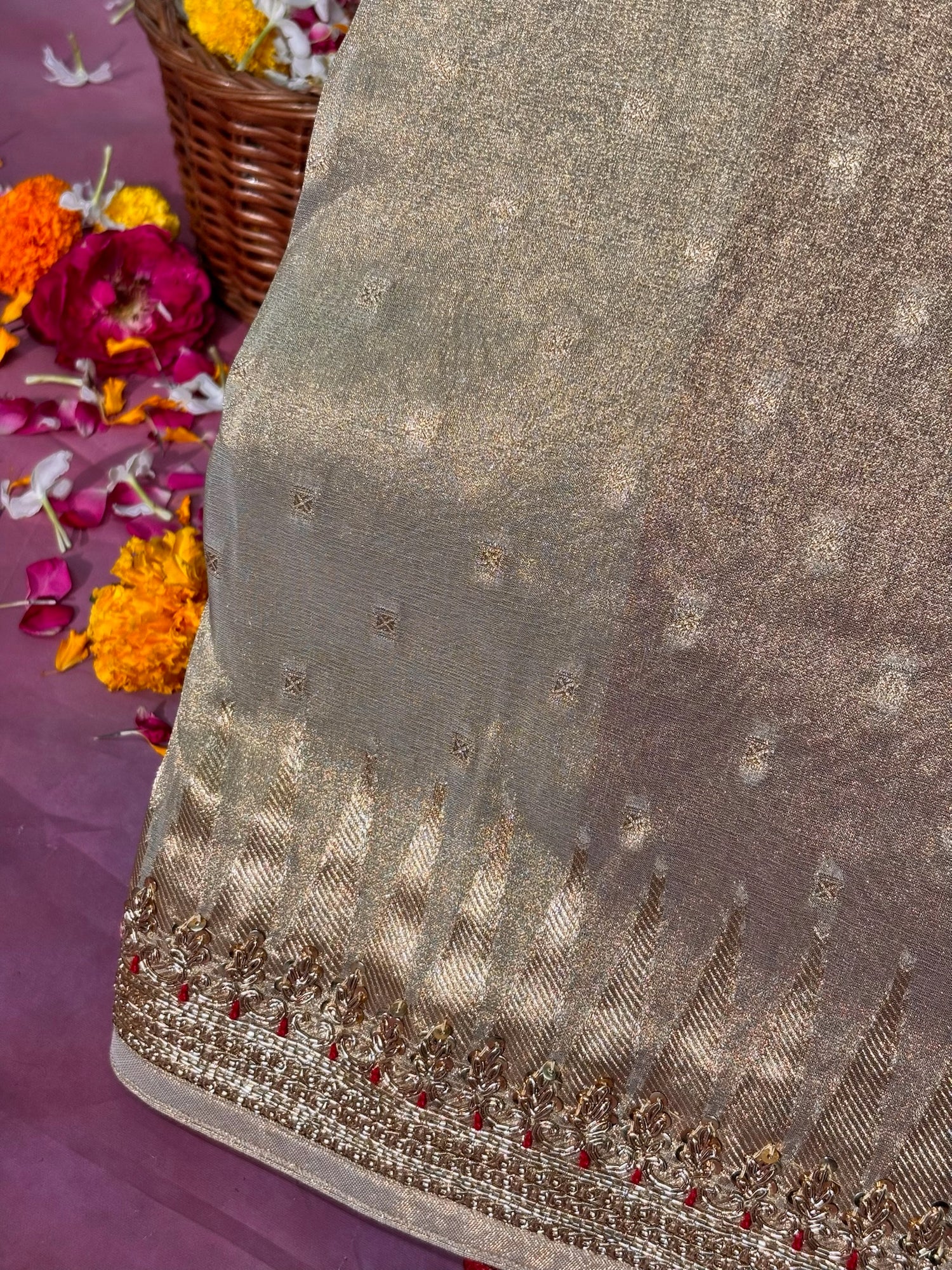 VIRASAT 382: Elegant Silver Gold Tissue Saree with Temple Zari &amp; Hand Zardozi Border (Natural Fabric)