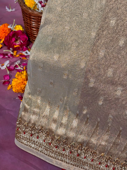 VIRASAT 382: Elegant Silver Gold Tissue Saree with Temple Zari &amp; Hand Zardozi Border (Natural Fabric)