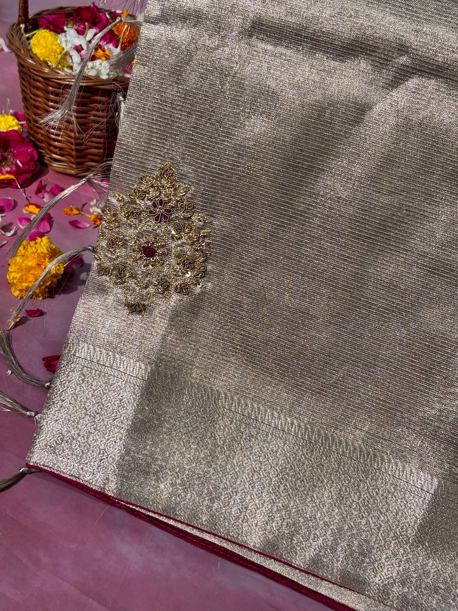 VIRASAT 378: Royal Silver Tissue Silk Saree with Hand Zardozi Work &amp; Contrast Blouse