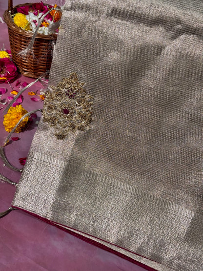 VIRASAT 378: Royal Silver Tissue Silk Saree with Hand Zardozi Work &amp; Contrast Blouse