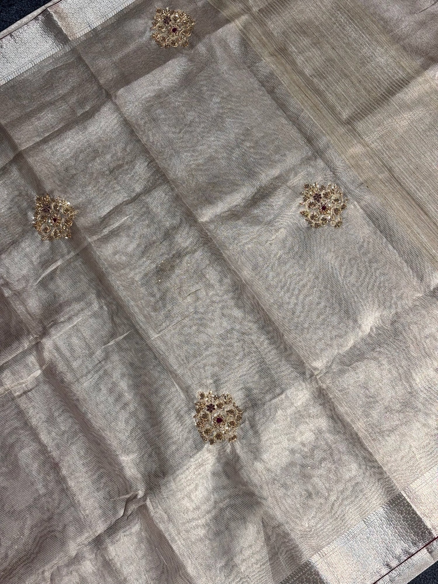 VIRASAT 378: Royal Silver Tissue Silk Saree with Hand Zardozi Work &amp; Contrast Blouse