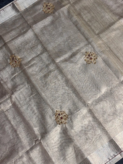 VIRASAT 378: Royal Silver Tissue Silk Saree with Hand Zardozi Work &amp; Contrast Blouse