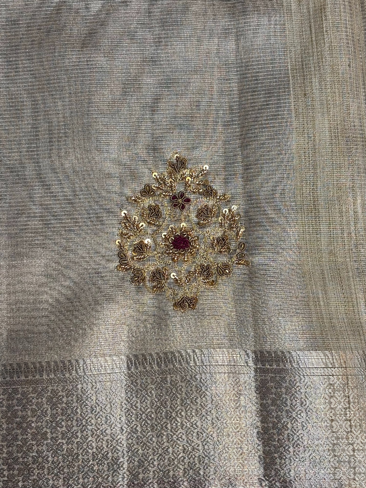 VIRASAT 378: Royal Silver Tissue Silk Saree with Hand Zardozi Work &amp; Contrast Blouse