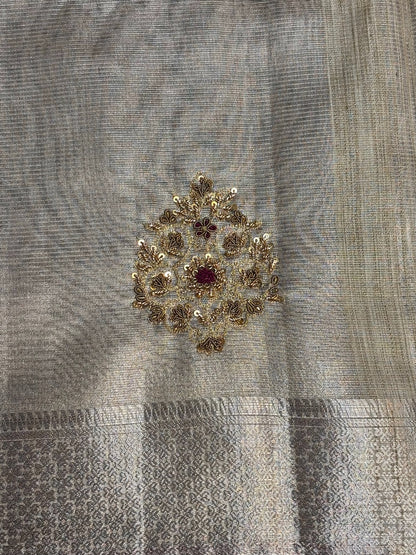 VIRASAT 378: Royal Silver Tissue Silk Saree with Hand Zardozi Work &amp; Contrast Blouse