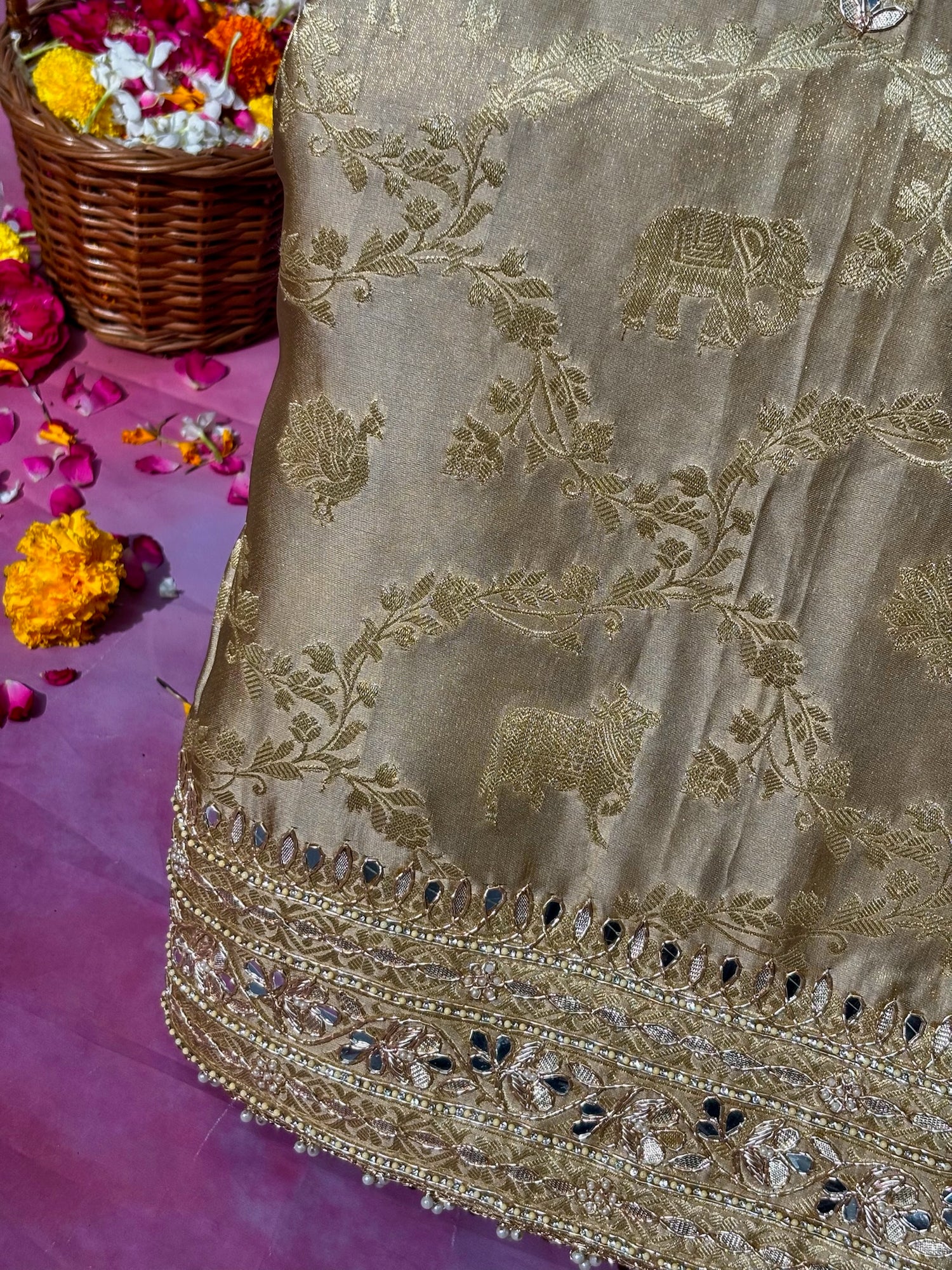 VIRASAT 376: Royal Beige Satin Silk Saree with Jangla Animal Zari Jaal &amp; Hand Zardozi Gota Patti Work