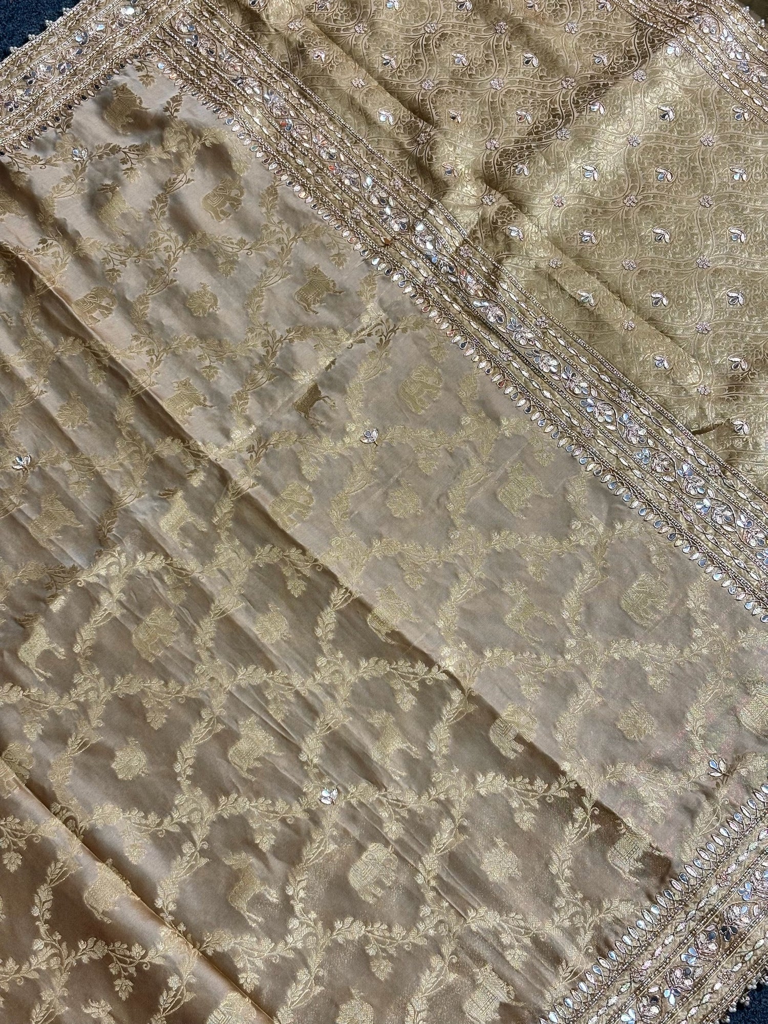 VIRASAT 376: Royal Beige Satin Silk Saree with Jangla Animal Zari Jaal &amp; Hand Zardozi Gota Patti Work