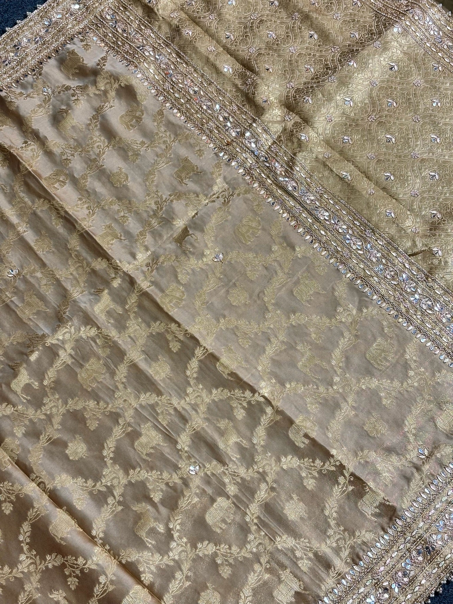 VIRASAT 376: Royal Beige Satin Silk Saree with Jangla Animal Zari Jaal &amp; Hand Zardozi Gota Patti Work
