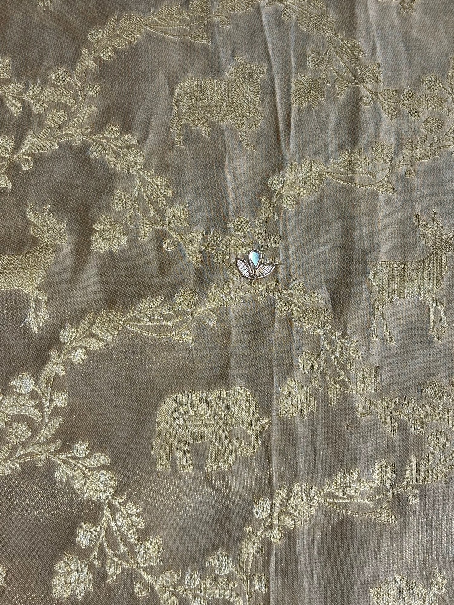 VIRASAT 376: Royal Beige Satin Silk Saree with Jangla Animal Zari Jaal &amp; Hand Zardozi Gota Patti Work