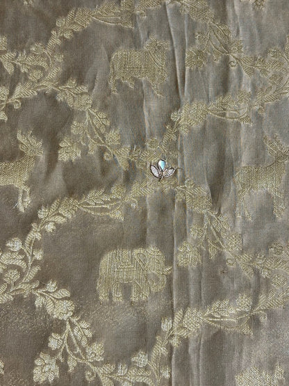 VIRASAT 376: Royal Beige Satin Silk Saree with Jangla Animal Zari Jaal &amp; Hand Zardozi Gota Patti Work
