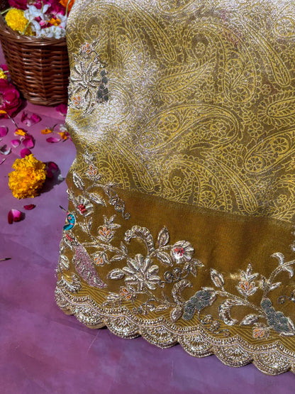 VIRASAT 391: Sunlit Gold Tissue Silk Saree with Meenakari Parsi Work &amp; Hand Mehreen Zardozi Scallop Border