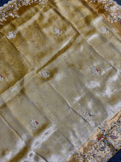 VIRASAT 391: Sunlit Gold Tissue Silk Saree with Meenakari Parsi Work &amp; Hand Mehreen Zardozi Scallop Border