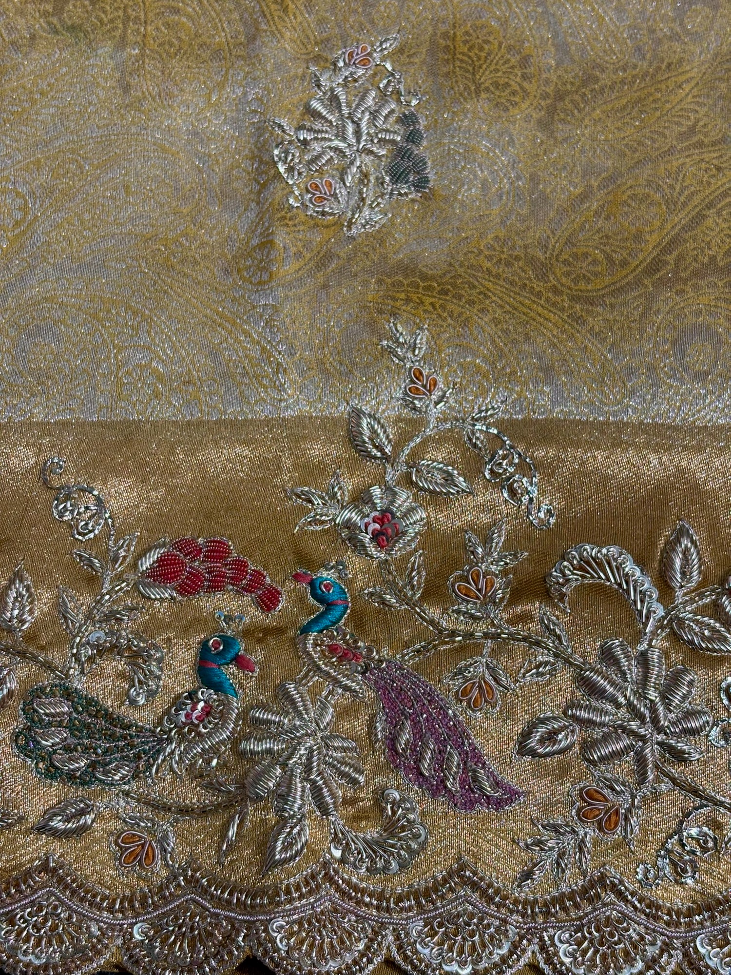 VIRASAT 391: Sunlit Gold Tissue Silk Saree with Meenakari Parsi Work &amp; Hand Mehreen Zardozi Scallop Border