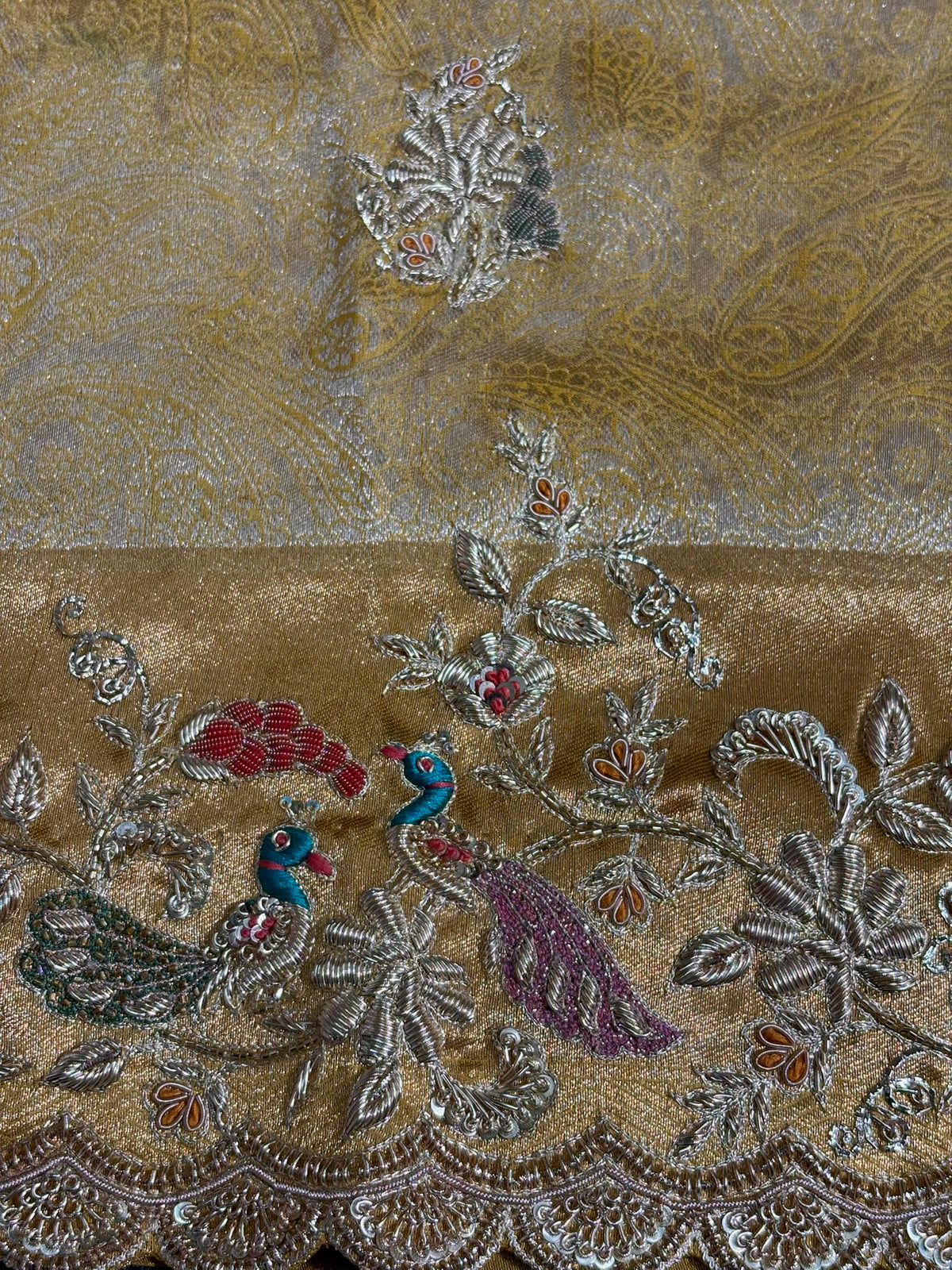 VIRASAT 391: Sunlit Gold Tissue Silk Saree with Meenakari Parsi Work &amp; Hand Mehreen Zardozi Scallop Border