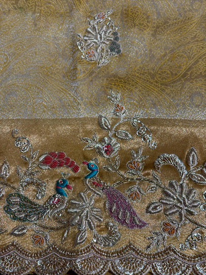 VIRASAT 391: Sunlit Gold Tissue Silk Saree with Meenakari Parsi Work &amp; Hand Mehreen Zardozi Scallop Border