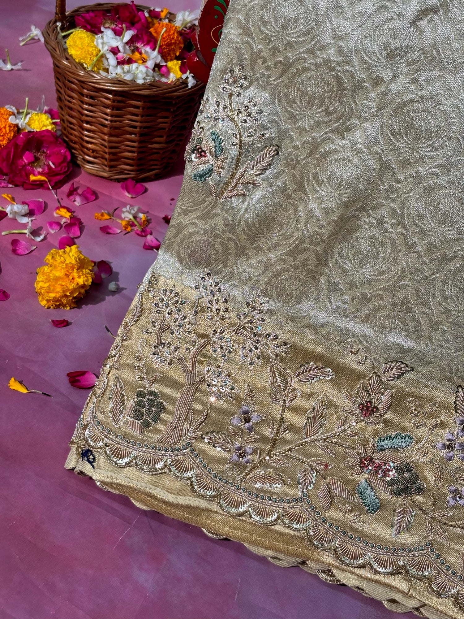 VIRASAT 390: Ivory Brocade Silk Saree with Gold Zari Jaal, Hand Zardozi Animal Work &amp; Scallop Border