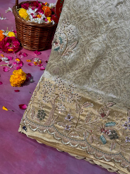 VIRASAT 390: Ivory Brocade Silk Saree with Gold Zari Jaal, Hand Zardozi Animal Work &amp; Scallop Border