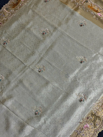VIRASAT 390: Ivory Brocade Silk Saree with Gold Zari Jaal, Hand Zardozi Animal Work &amp; Scallop Border