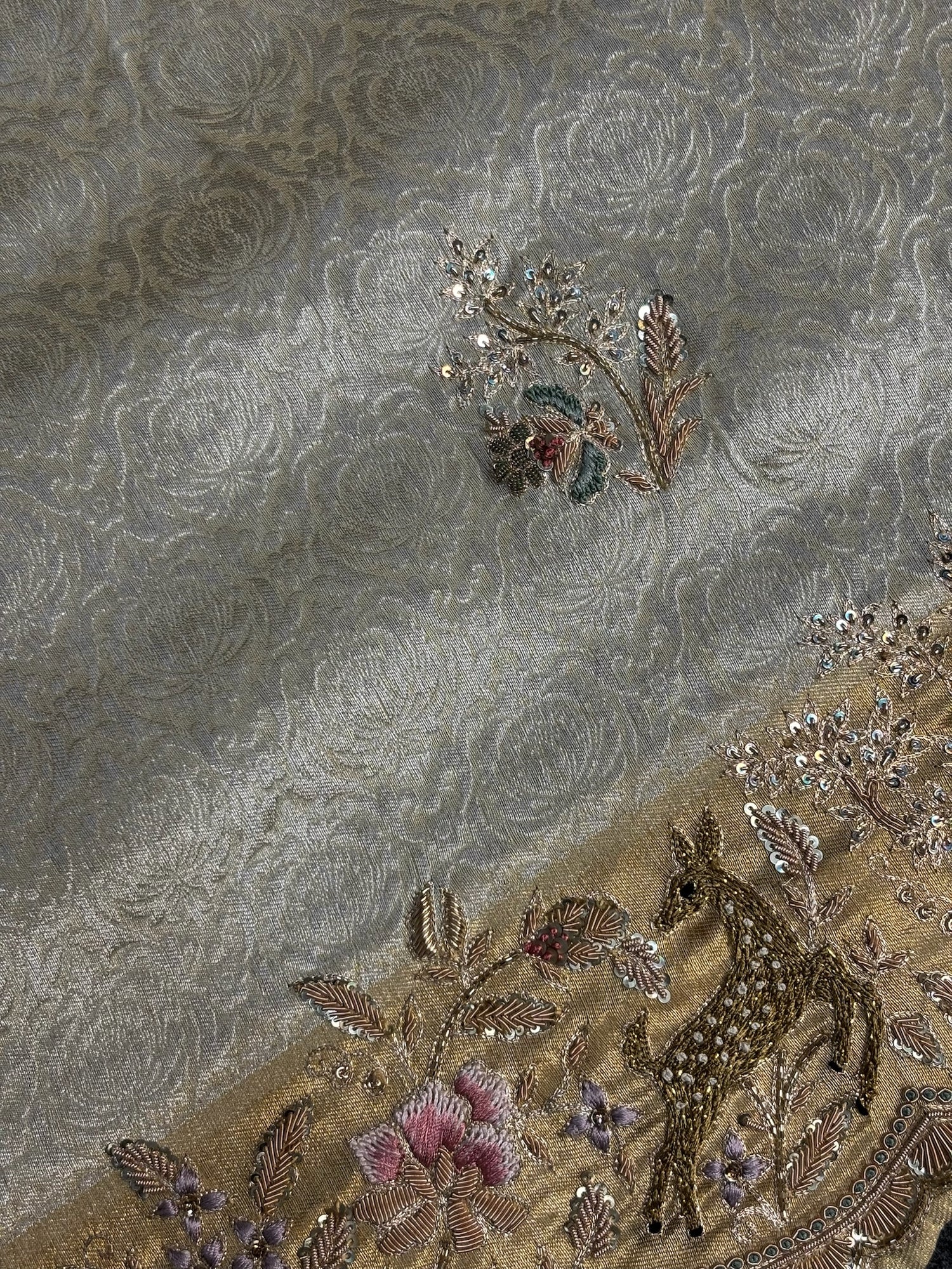VIRASAT 390: Ivory Brocade Silk Saree with Gold Zari Jaal, Hand Zardozi Animal Work &amp; Scallop Border