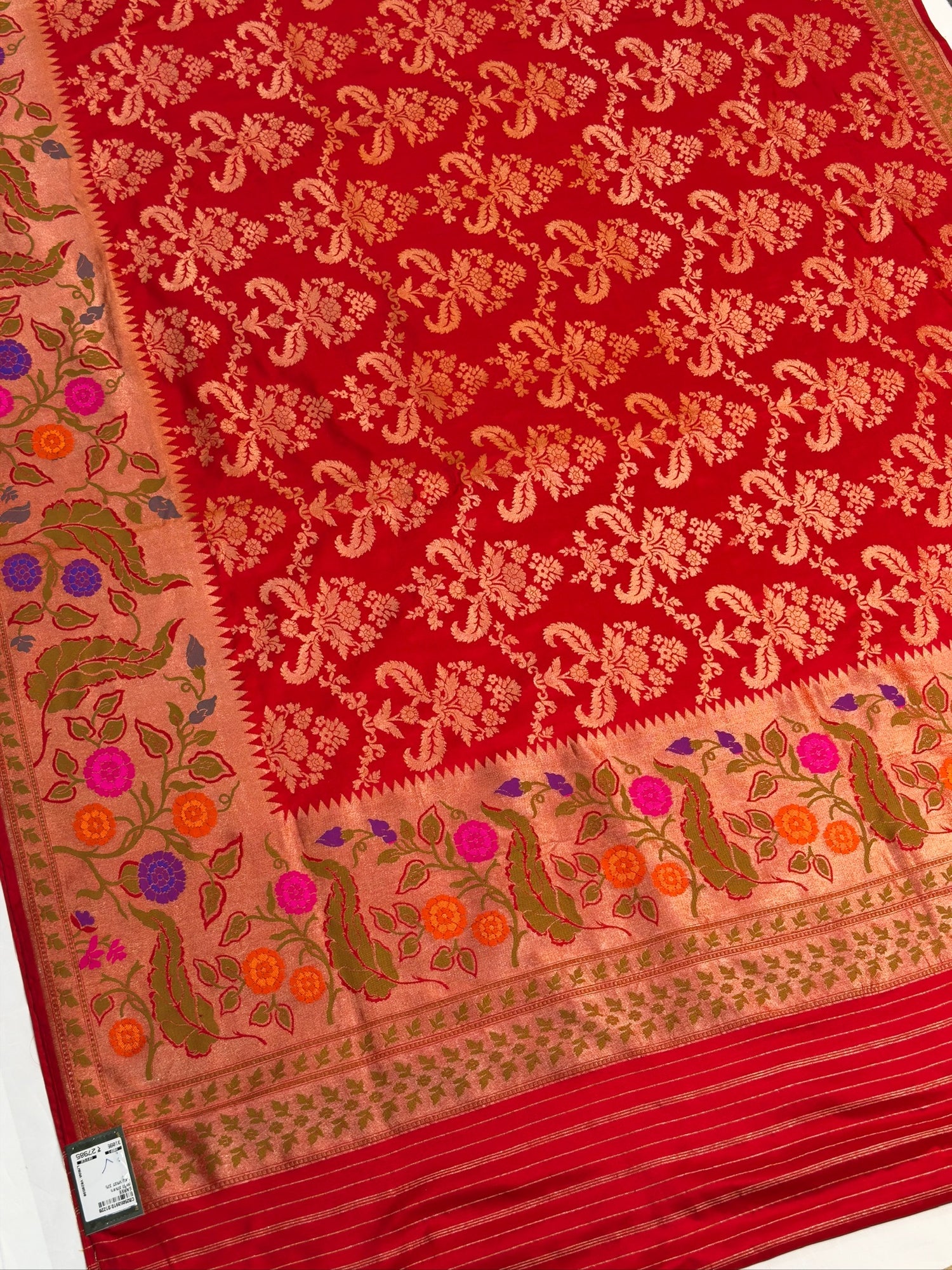 VIRASAT 375: Cherry Red Pure Handloom Katan Silk Saree with Meenakari Border &amp; Pallu (Silk Mark Certified)