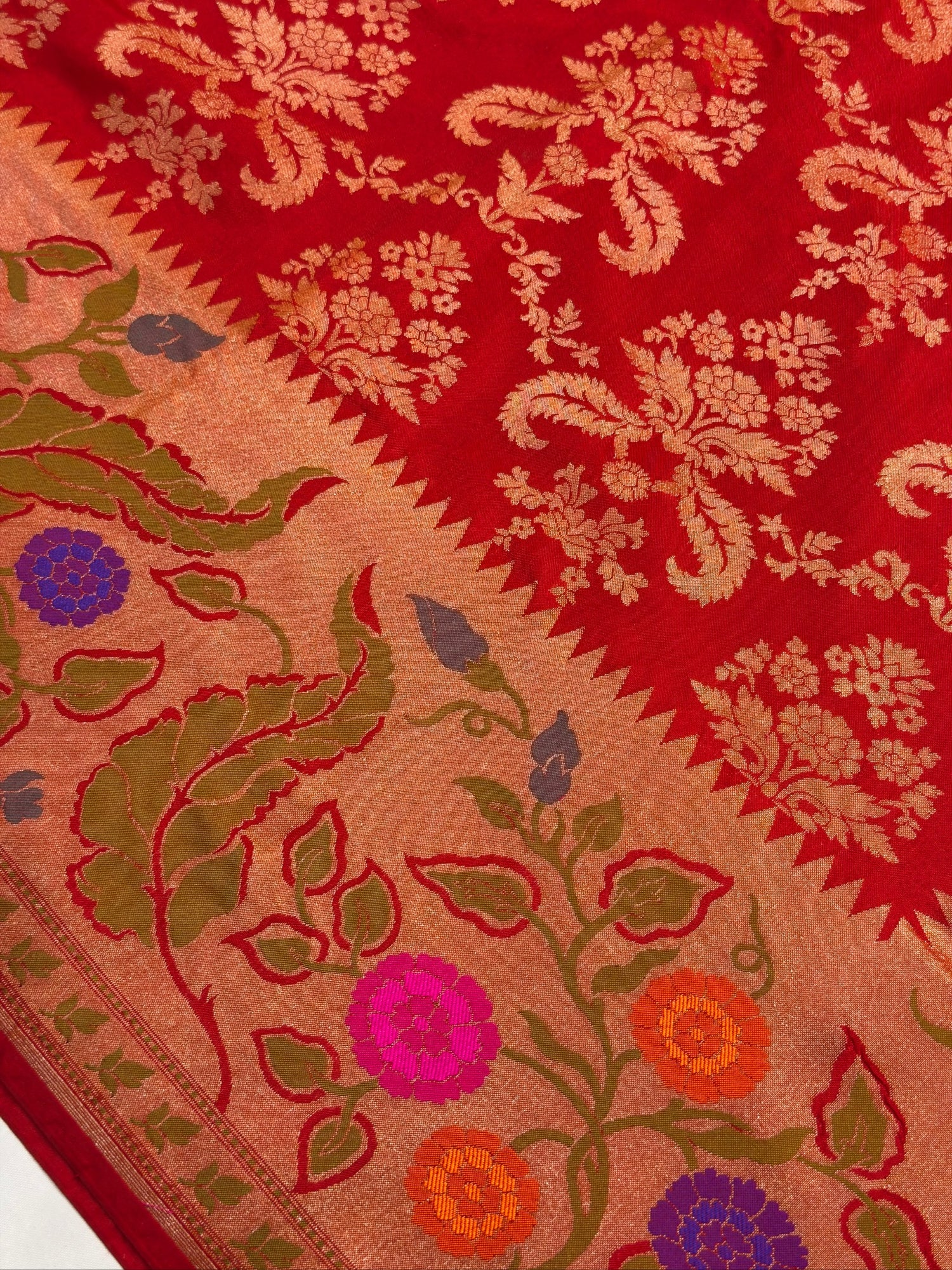 VIRASAT 375: Cherry Red Pure Handloom Katan Silk Saree with Meenakari Border &amp; Pallu (Silk Mark Certified)