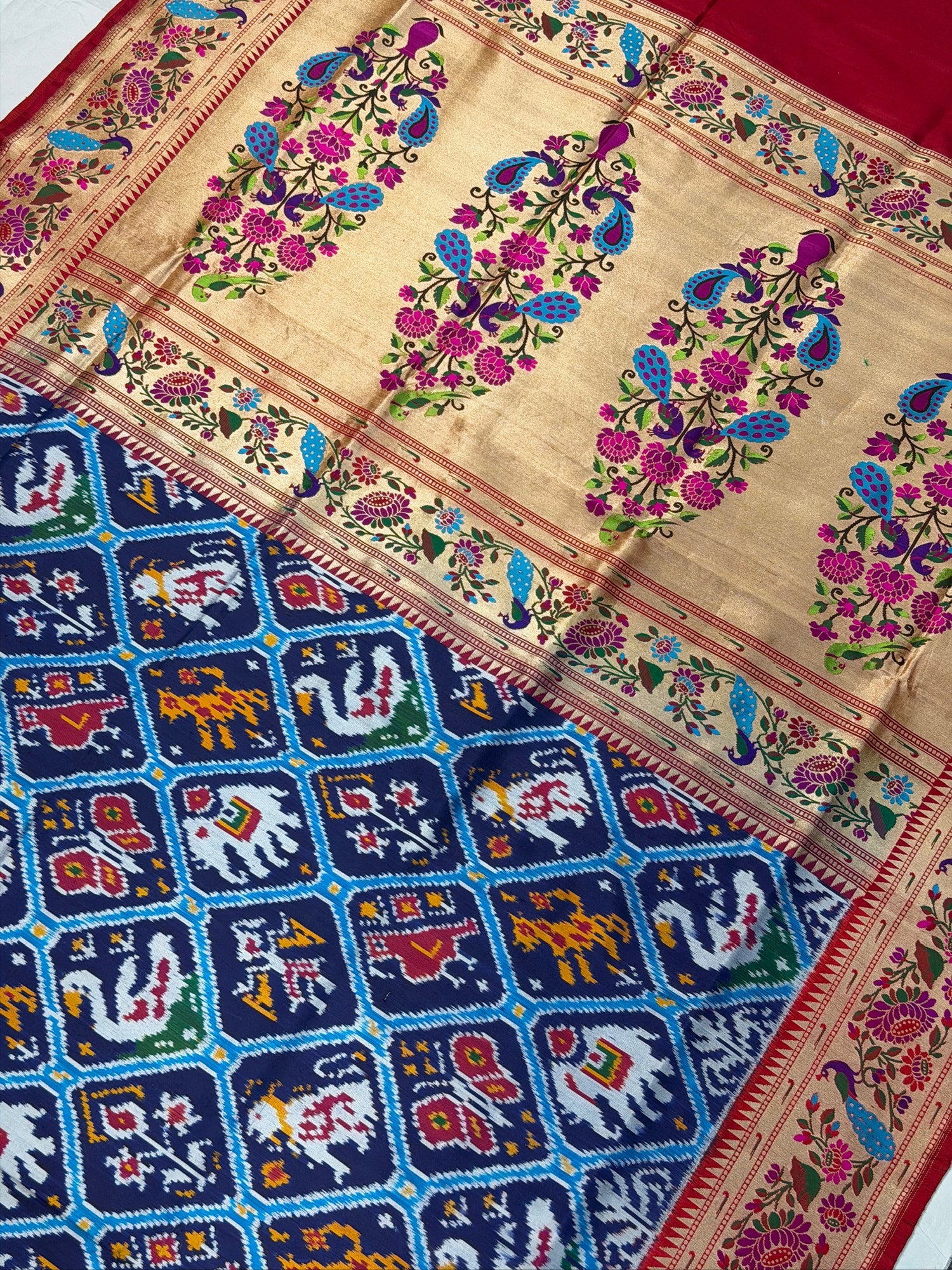 VIRASAT 373: Navy Blue Pure Patola Silk Saree with Paithani Border &amp; Pallu (Silk Mark Certified)