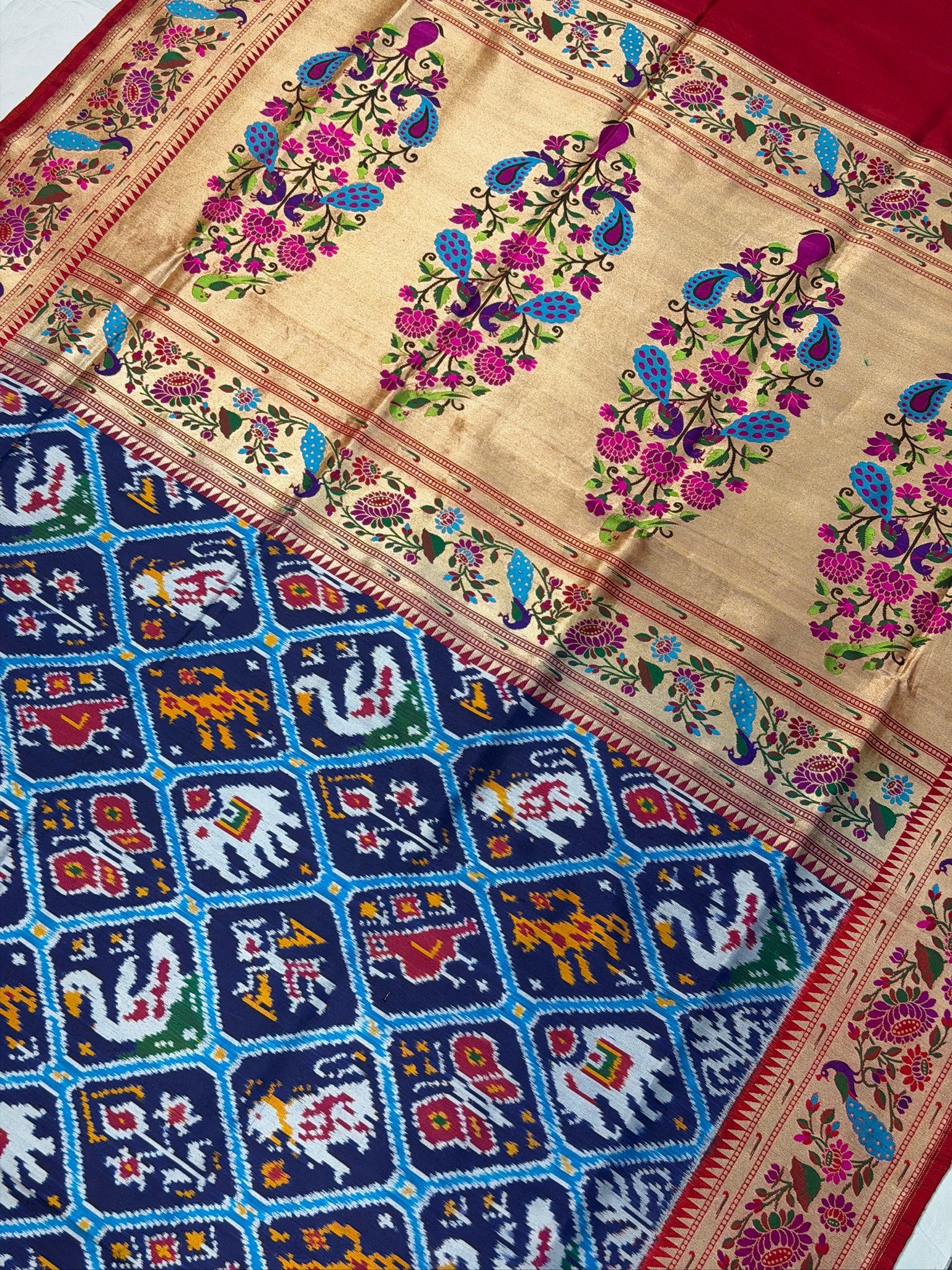 VIRASAT 373: Navy Blue Pure Patola Silk Saree with Paithani Border &amp; Pallu (Silk Mark Certified)