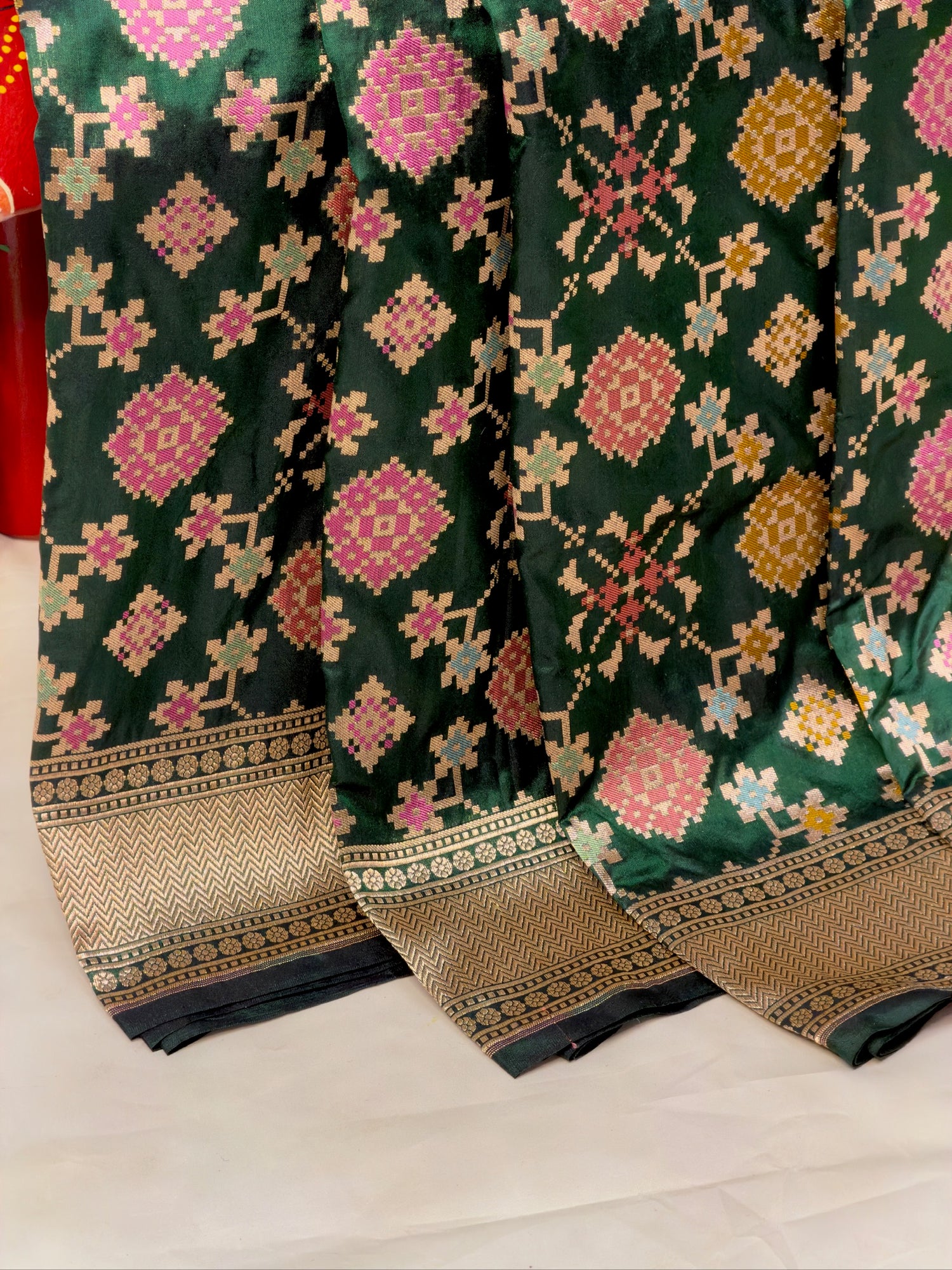 VIRASAT 406: Bottle Green Pure Handloom Katan Silk Saree with All-Over Meenakari Work &amp; Zari Border-Pallu (Silk Mark Certified)