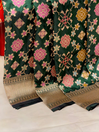 VIRASAT 406: Bottle Green Pure Handloom Katan Silk Saree with All-Over Meenakari Work &amp; Zari Border-Pallu (Silk Mark Certified)