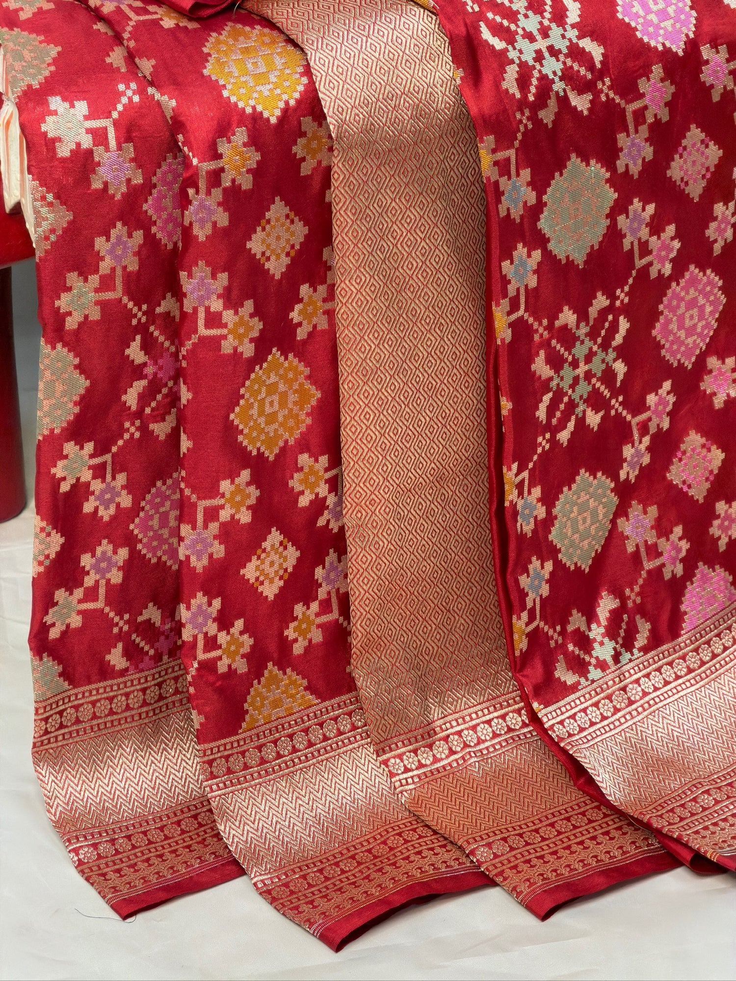 VIRASAT 405: Blood Red Pure Handloom Katan Silk Saree with All Over Zari &amp; Meenakari Border-Pallu (Silk Mark Certified)