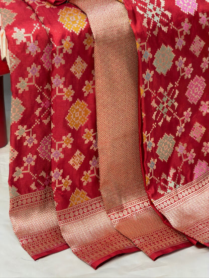 VIRASAT 405: Blood Red Pure Handloom Katan Silk Saree with All Over Zari &amp; Meenakari Border-Pallu (Silk Mark Certified)