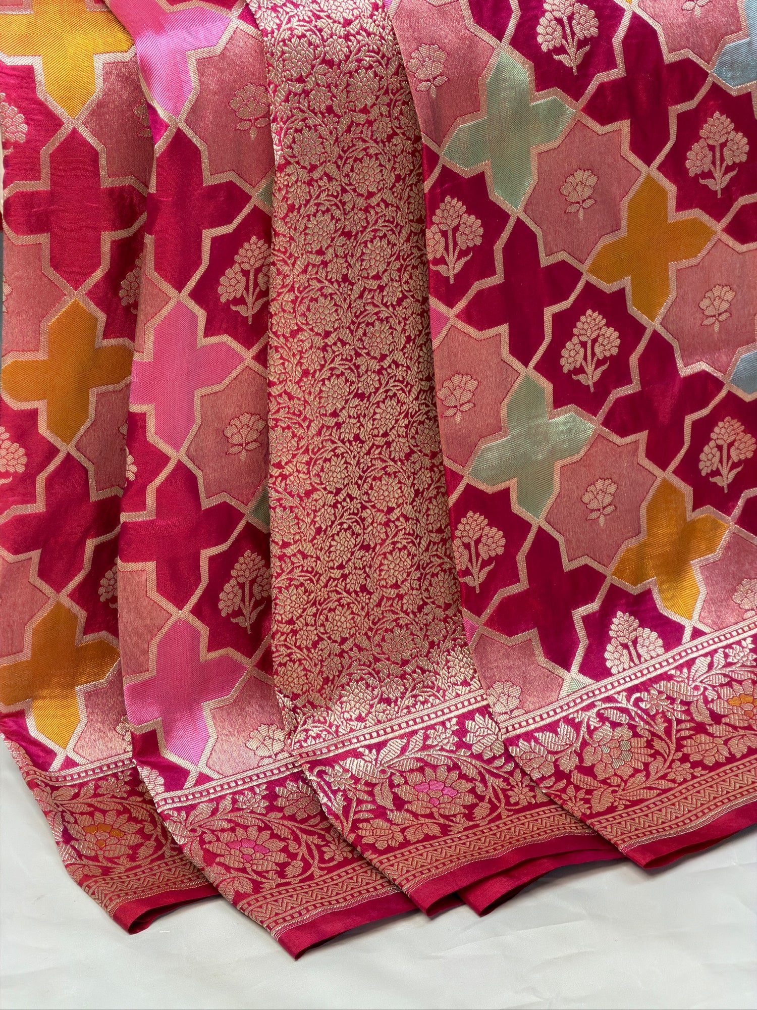 VIRASAT 402: Rani Pink Pure Handloom Katan Silk Rangkat Saree with Meenakari Border &amp; Pallu (Silk Mark Certified)