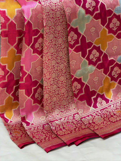 VIRASAT 402: Rani Pink Pure Handloom Katan Silk Rangkat Saree with Meenakari Border &amp; Pallu (Silk Mark Certified)