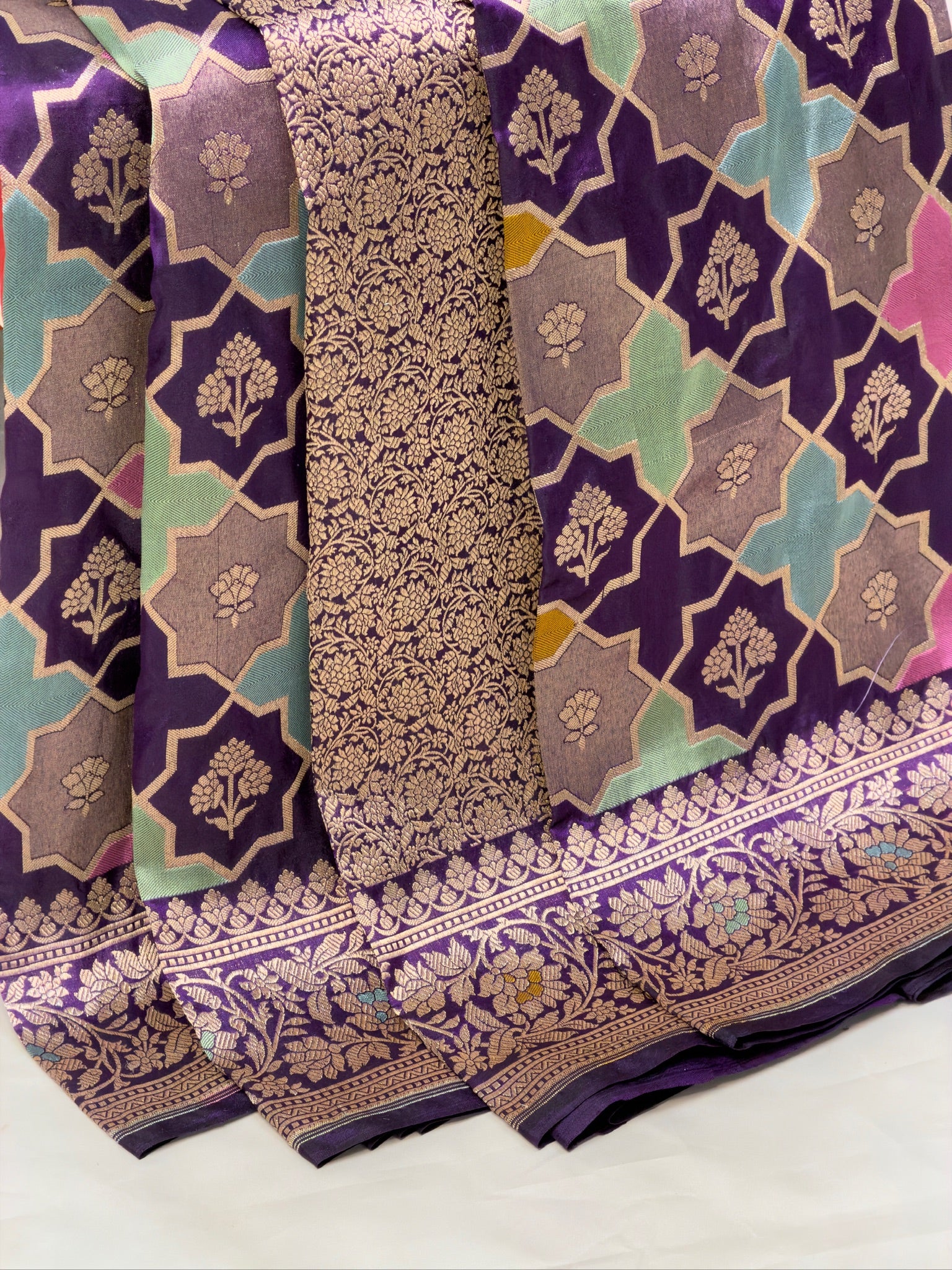 VIRASAT 407: Violet Pure Handloom Katan Silk Rangkat Saree with Meenakari Border &amp; Pallu (Silk Mark Certified)