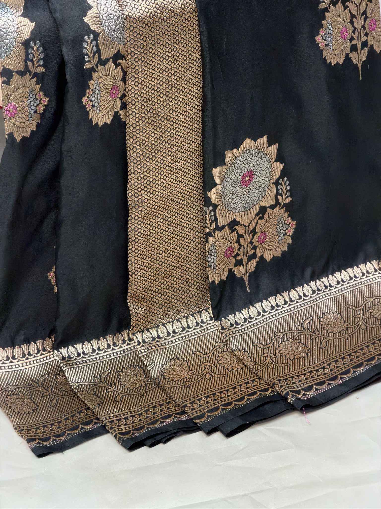 VIRASAT 408: Pure Black Handloom Katan Silk Saree with Sona Rupa Zari &amp; Meenakari Border-Pallu (Silk Mark Certified)