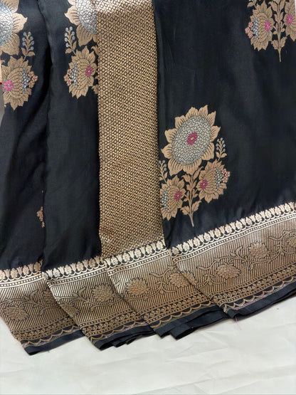 VIRASAT 408: Pure Black Handloom Katan Silk Saree with Sona Rupa Zari &amp; Meenakari Border-Pallu (Silk Mark Certified)
