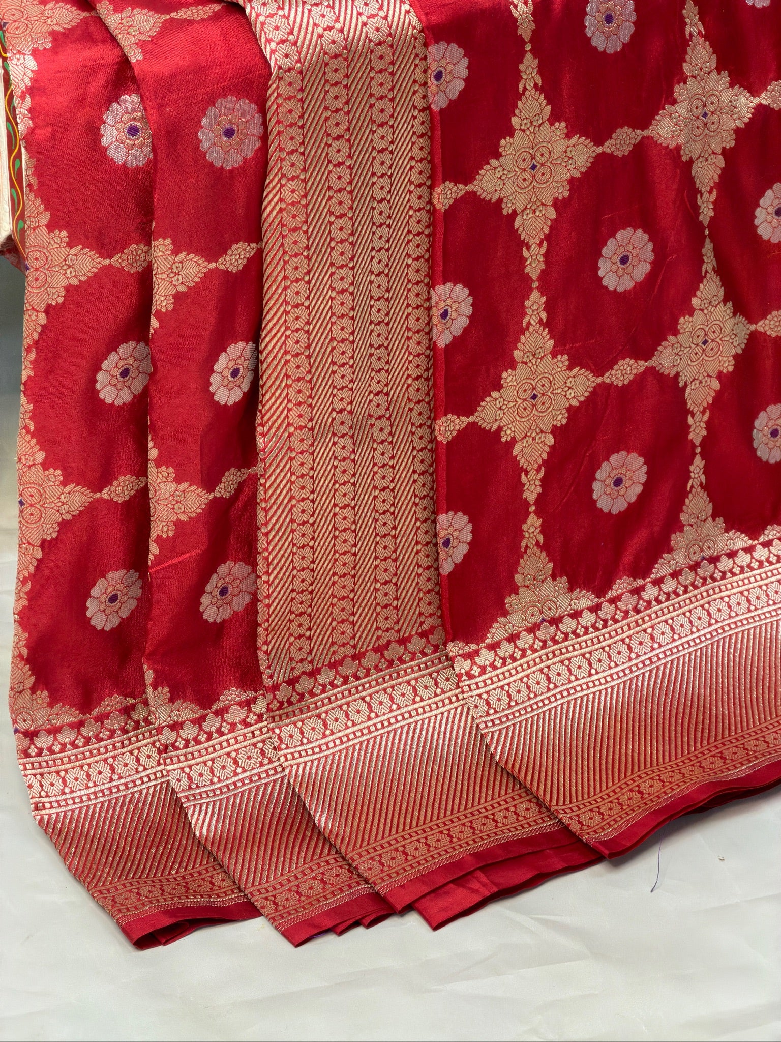VIRASAT 409: Ruby Red Pure Handloom Katan Silk Saree with All-Over Zari &amp; Meenakari Border-Pallu (Silk Mark Certified)