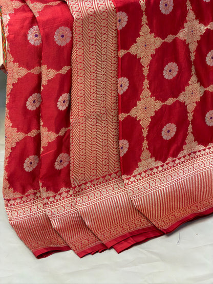 VIRASAT 409: Ruby Red Pure Handloom Katan Silk Saree with All-Over Zari &amp; Meenakari Border-Pallu (Silk Mark Certified)