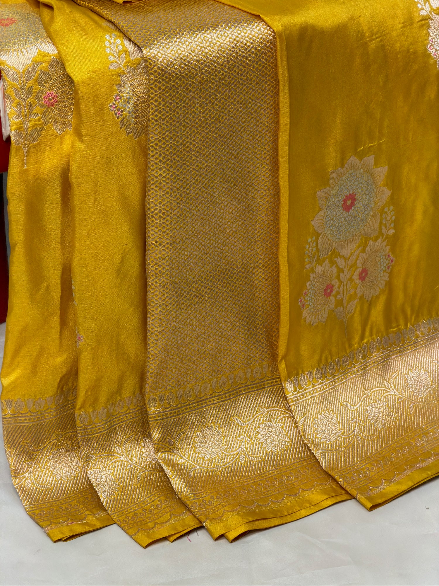 VIRASAT 401: Sunshine Gold Pure Handloom Katan Silk Saree with Sona Rupa Zari &amp; Meenakari Border Pallu (Silk Mark Certified)