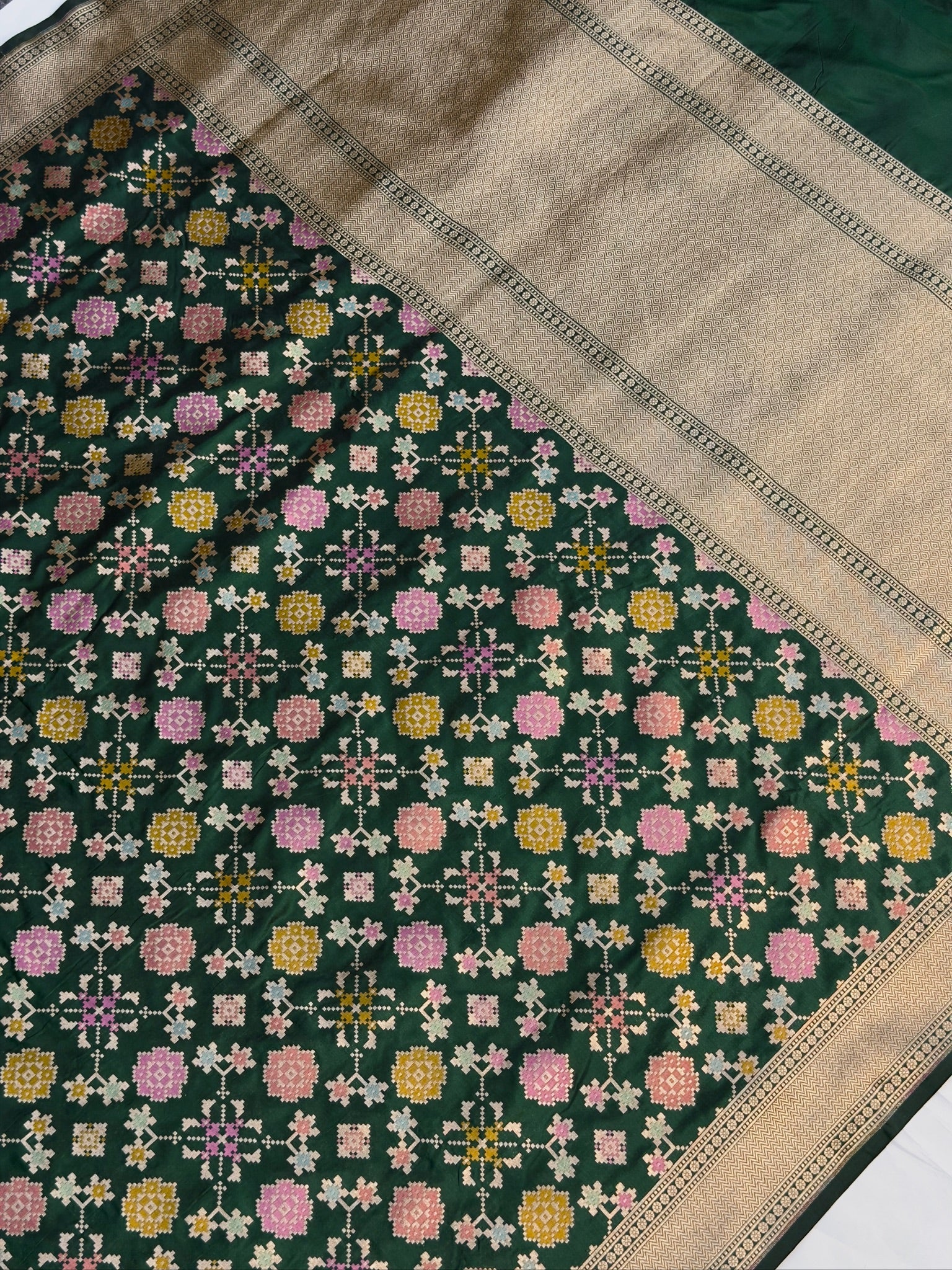 VIRASAT 406: Bottle Green Pure Handloom Katan Silk Saree with All-Over Meenakari Work &amp; Zari Border-Pallu (Silk Mark Certified)