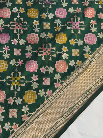 VIRASAT 406: Bottle Green Pure Handloom Katan Silk Saree with All-Over Meenakari Work &amp; Zari Border-Pallu (Silk Mark Certified)
