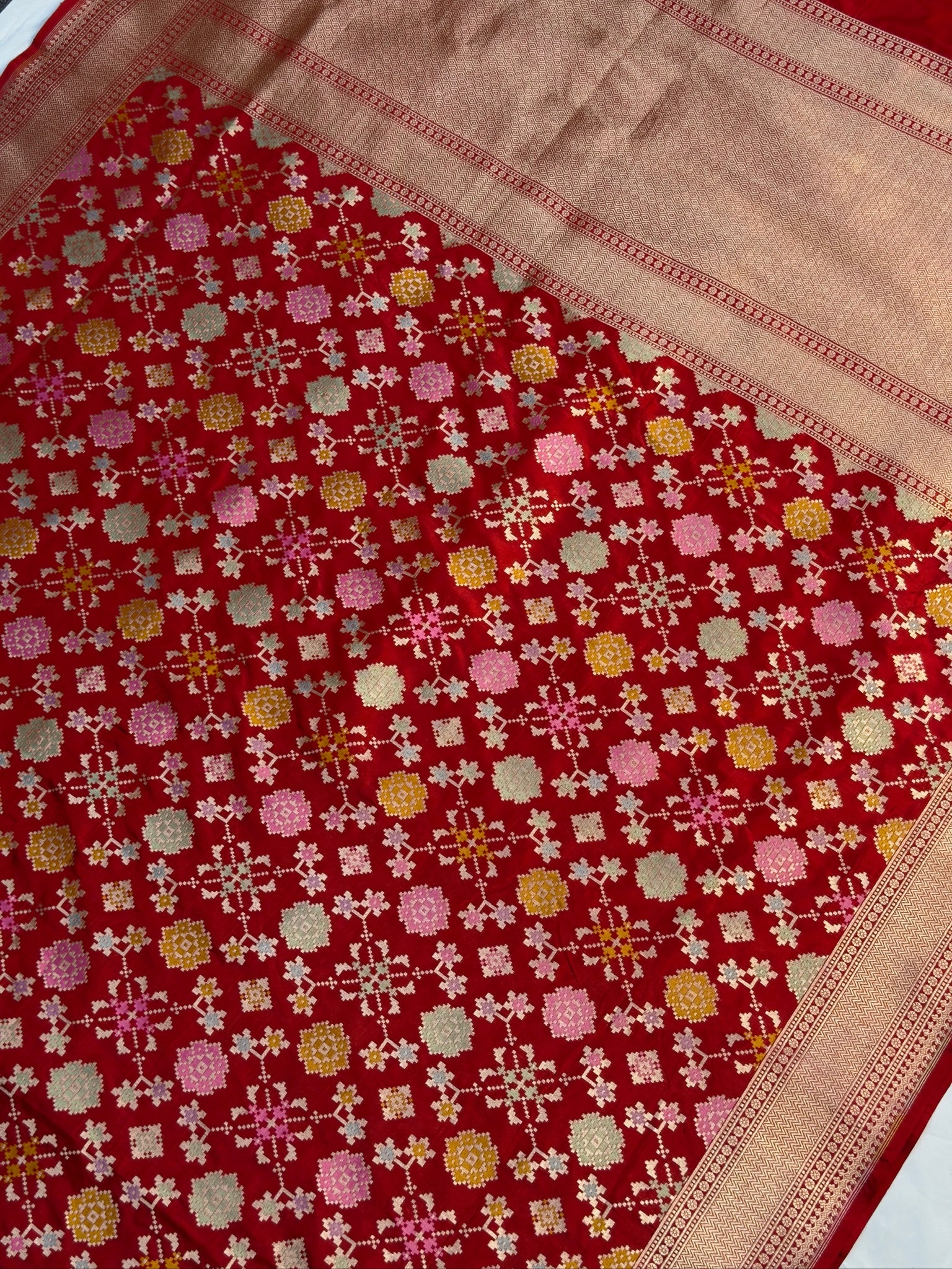 VIRASAT 405: Blood Red Pure Handloom Katan Silk Saree with All Over Zari &amp; Meenakari Border-Pallu (Silk Mark Certified)