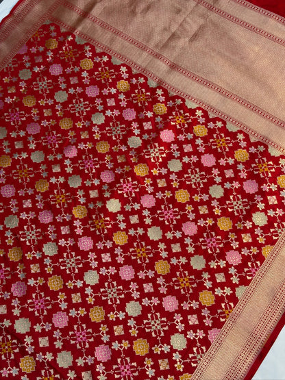 VIRASAT 405: Blood Red Pure Handloom Katan Silk Saree with All Over Zari &amp; Meenakari Border-Pallu (Silk Mark Certified)