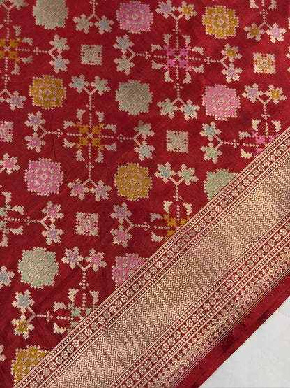 VIRASAT 405: Blood Red Pure Handloom Katan Silk Saree with All Over Zari &amp; Meenakari Border-Pallu (Silk Mark Certified)