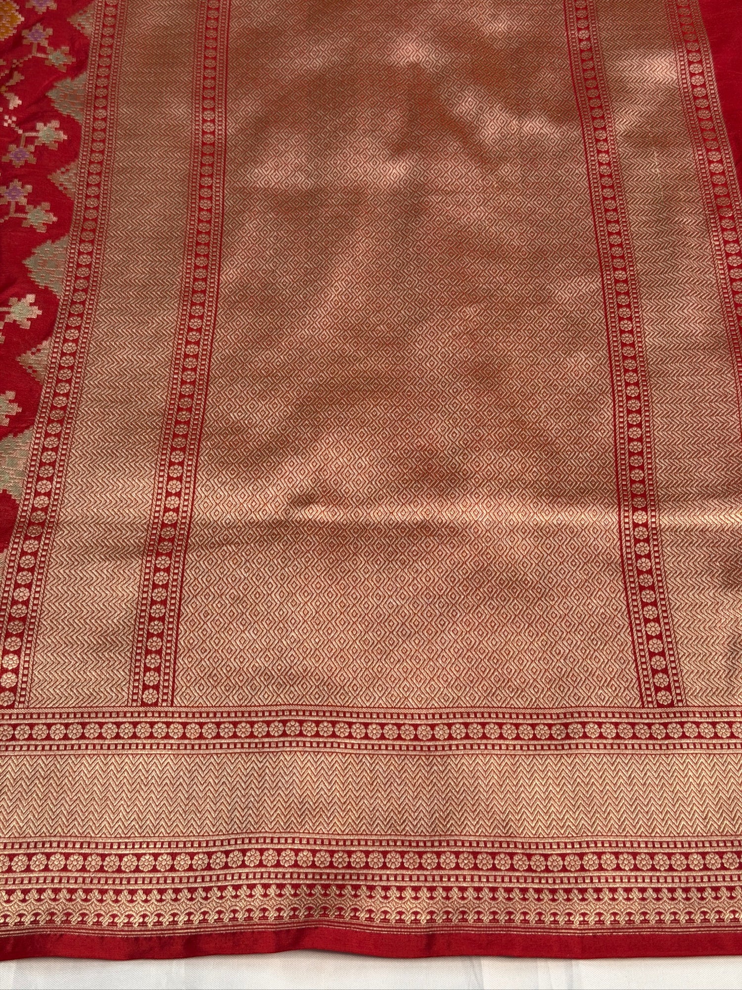 VIRASAT 405: Blood Red Pure Handloom Katan Silk Saree with All Over Zari &amp; Meenakari Border-Pallu (Silk Mark Certified)
